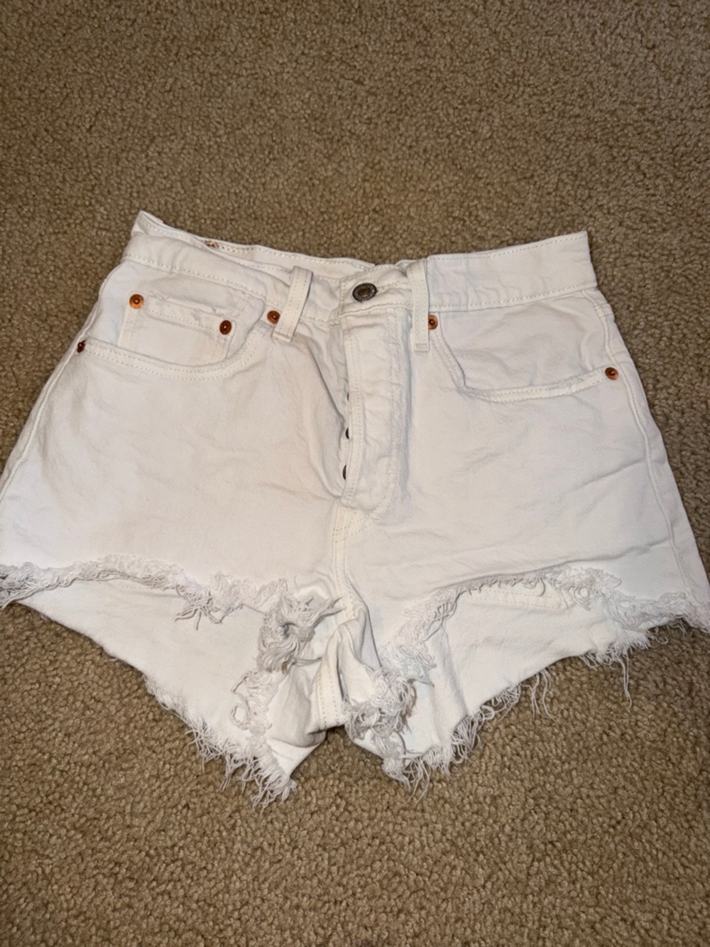 Levi's White High-Rise Frayed Denim Shorts